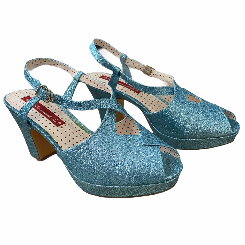B.A.I.T. Blue Sparkle Pin Up Style Open Toe Heels Size 7.5